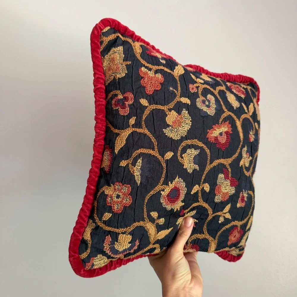 Vintage Floral Tapestry Throw Pillow Navy Red Gold Velvet Ruffle Trim 13x13